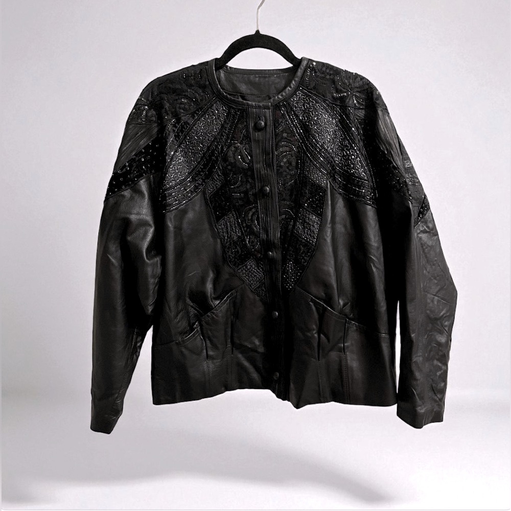 Rare‼️🔱Vintage 80s Women's Oversized Lace Sequin Embellished Leather Jacket